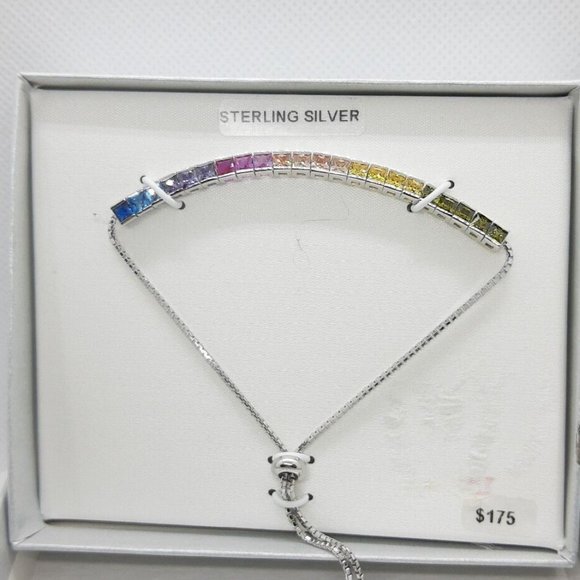 Sterling Silver Rainbow Cubic Zirconia Lariat Tennis Bracelet MSRP $175 NWB - Picture 1 of 6